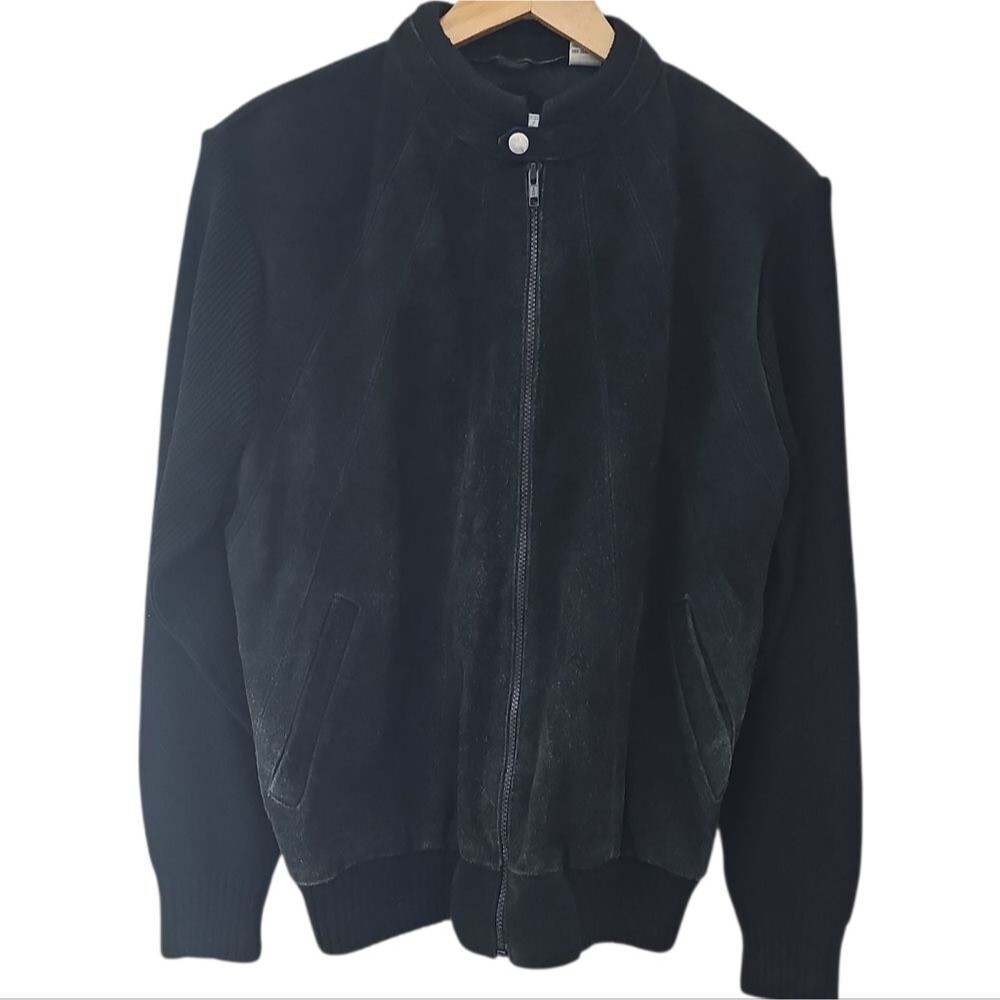 Vintage Gino Paoli Leather Panel Knit Bomber Jacket Men’s Large Black Made Korea